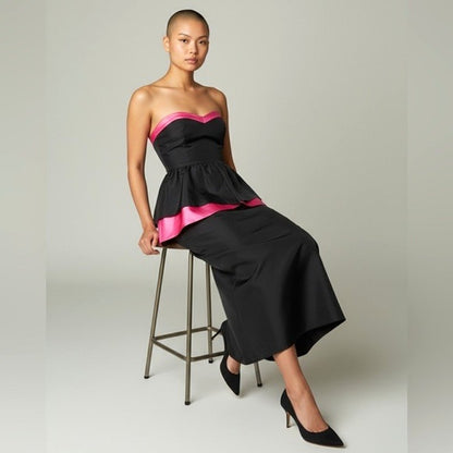 ONLY ONE!!! Vintage Karin Hamlen 1950s Strapless Black & Fuchsia Satin Peplum Cocktail Dress