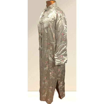 Vtg Gold Asian Satin Brocade Long Cheongsam Robe Jacket Embroidered Floral Sz XL