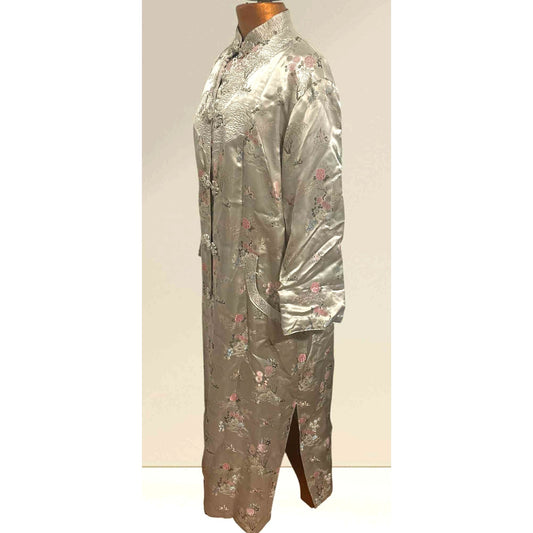 Vtg Gold Asian Satin Brocade Long Cheongsam Robe Jacket Embroidered Floral Sz XL
