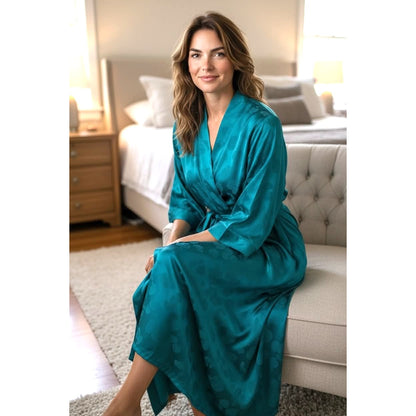 Vintage Galadriel 100% Pure Silk Teal Robe with Belt & Pockets NWT