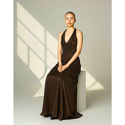 ONLY ONE!!! Vintage Scott McClintock Bronze Satin Halter Evening Gown Maxi Dress Size 10 USA