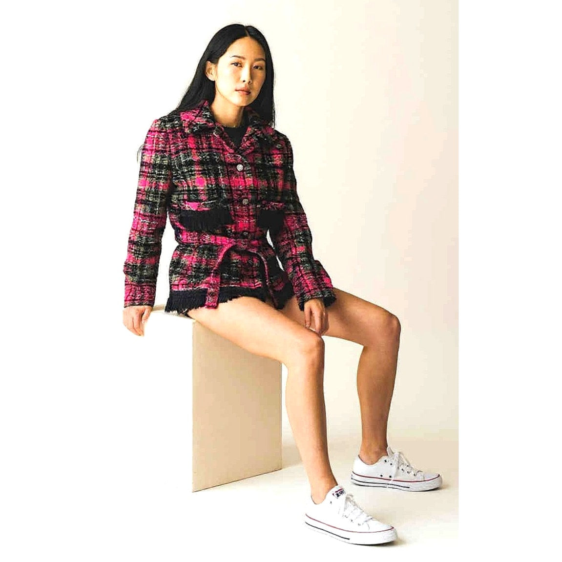 ONLY ONE!!! Vintage Z.C.M.I. Cameo Room 1960s Check Tweed Jacket w/Belt Fringe ~ Size S/M