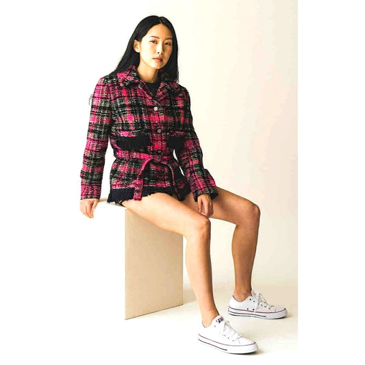 ONLY ONE!!! Vintage Z.C.M.I. Cameo Room 1960s Check Tweed Jacket w/Belt Fringe ~ Size S/M