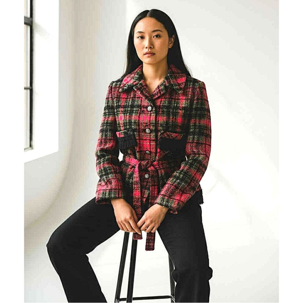 ONLY ONE!!! Vintage Z.C.M.I. Cameo Room 1960s Check Tweed Jacket w/Belt Fringe ~ Size S/M