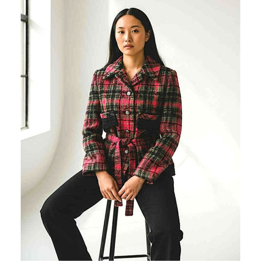 ONLY ONE!!! Vintage Z.C.M.I. Cameo Room 1960s Check Tweed Jacket w/Belt Fringe ~ Size S/M