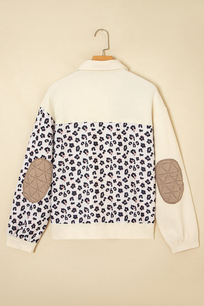 Khaki Leopard Waffle Quilted Patchwork Button-Front Jacket – Cotton Blend