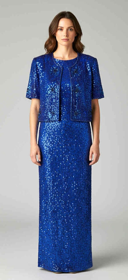 ONLY ONE!!! Vintage Laurence Kazar Full Length Cobalt Blue Beaded Silk Dress ~ Size S