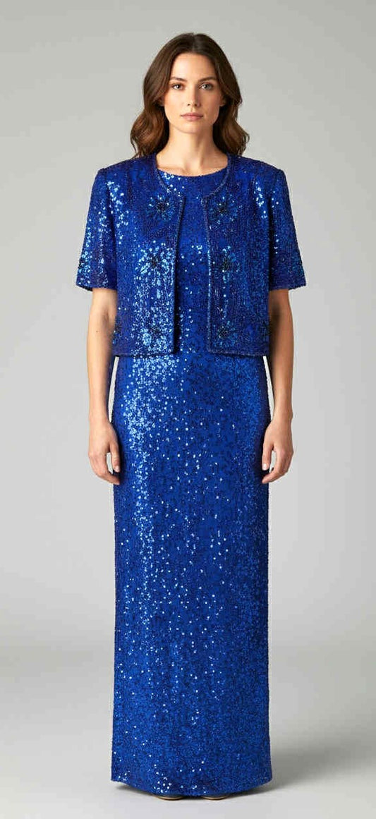 ONLY ONE!!! Vintage Laurence Kazar Full Length Cobalt Blue Beaded Silk Dress ~ Size S