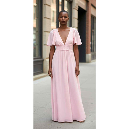 ONLY ONE!!! Vintage 1970s Pink Polyester Maxi Dress w/Bow Tie in Back Sz XS/S