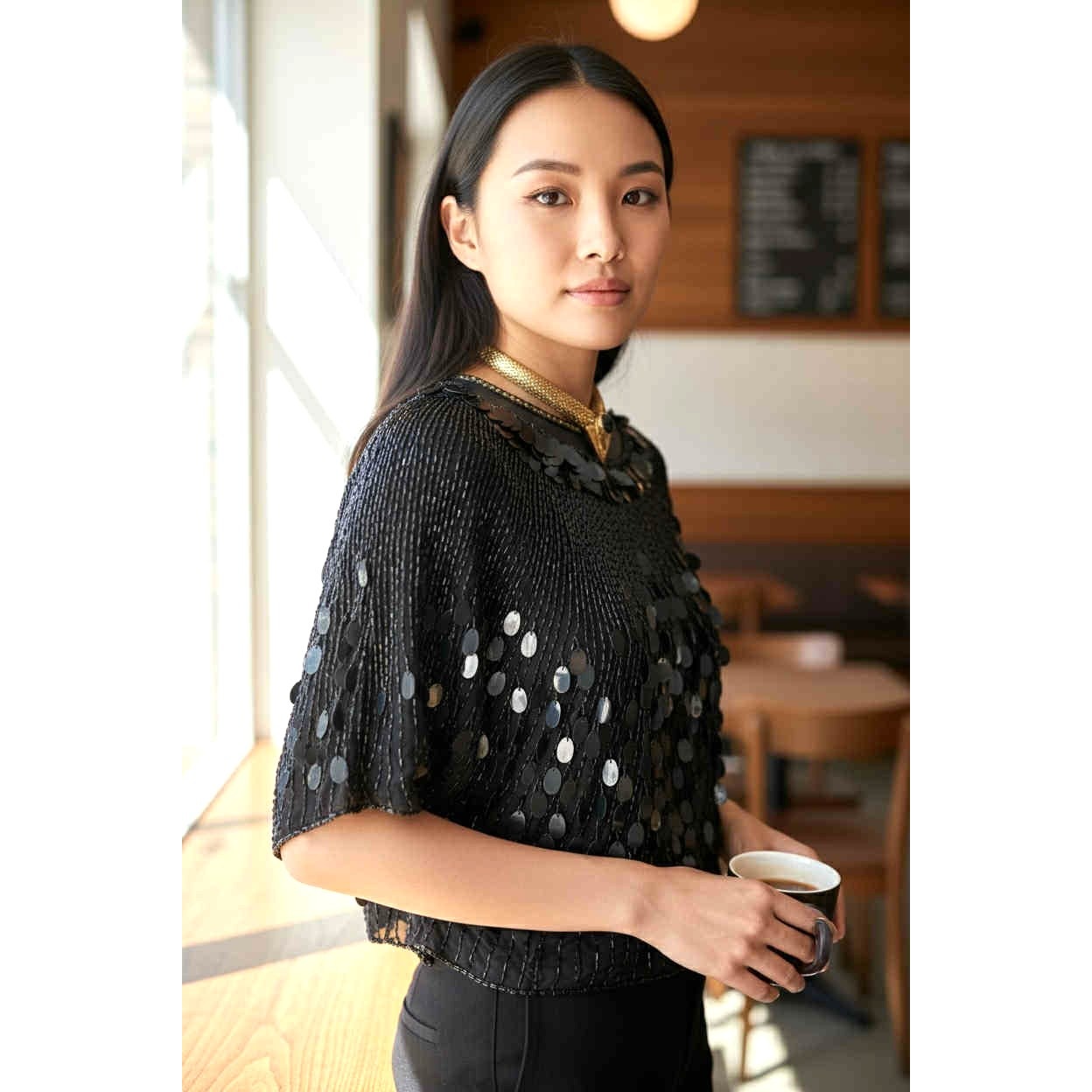 ONLY ONE!!! Vintage Oleg Cassini Black Sequin Beaded Silk Top ~ Size M/L