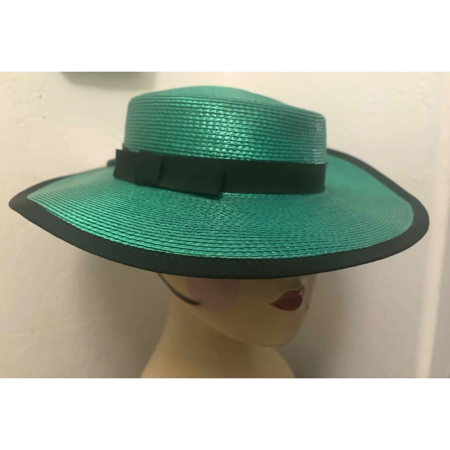 Vintage Green Boater Hat with Black Ribbon | M/L