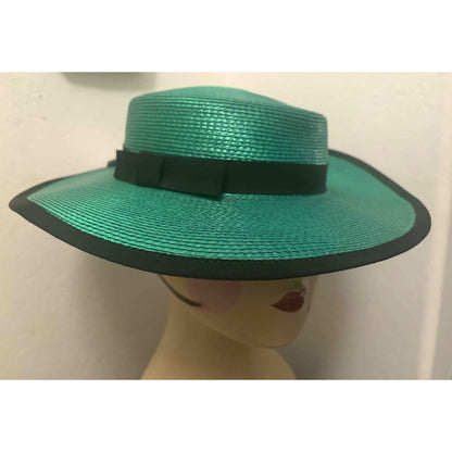 Vintage Green Boater Hat with Black Ribbon | M/L