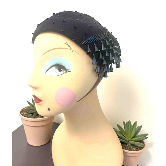 ONLY ONE!!! Vintage 1950s Navy Beaded Cocktail Half Hat – Jami Exclusive