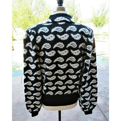 ONLY ONE!!! Vintage 1980s THE NOTEBOOK Black White Paisley Wool Angora Cardigan M/L