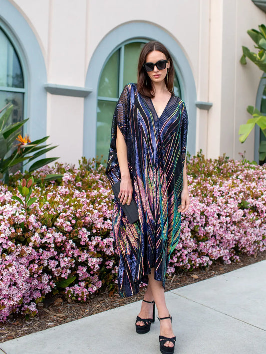 Midnight Lotus Sequin Caftan – One-Size Art Deco Glam