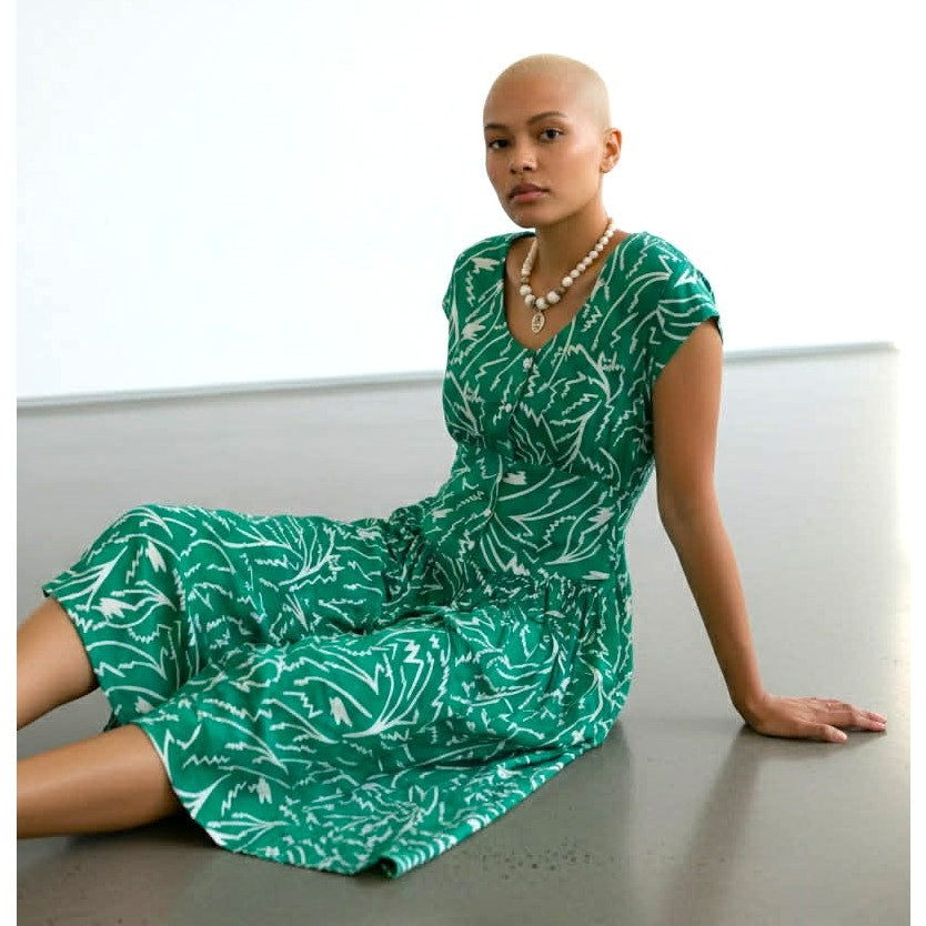 Vintage Neil Martin Green Abstract Print Fit & Flare Midi Dress | Size 12