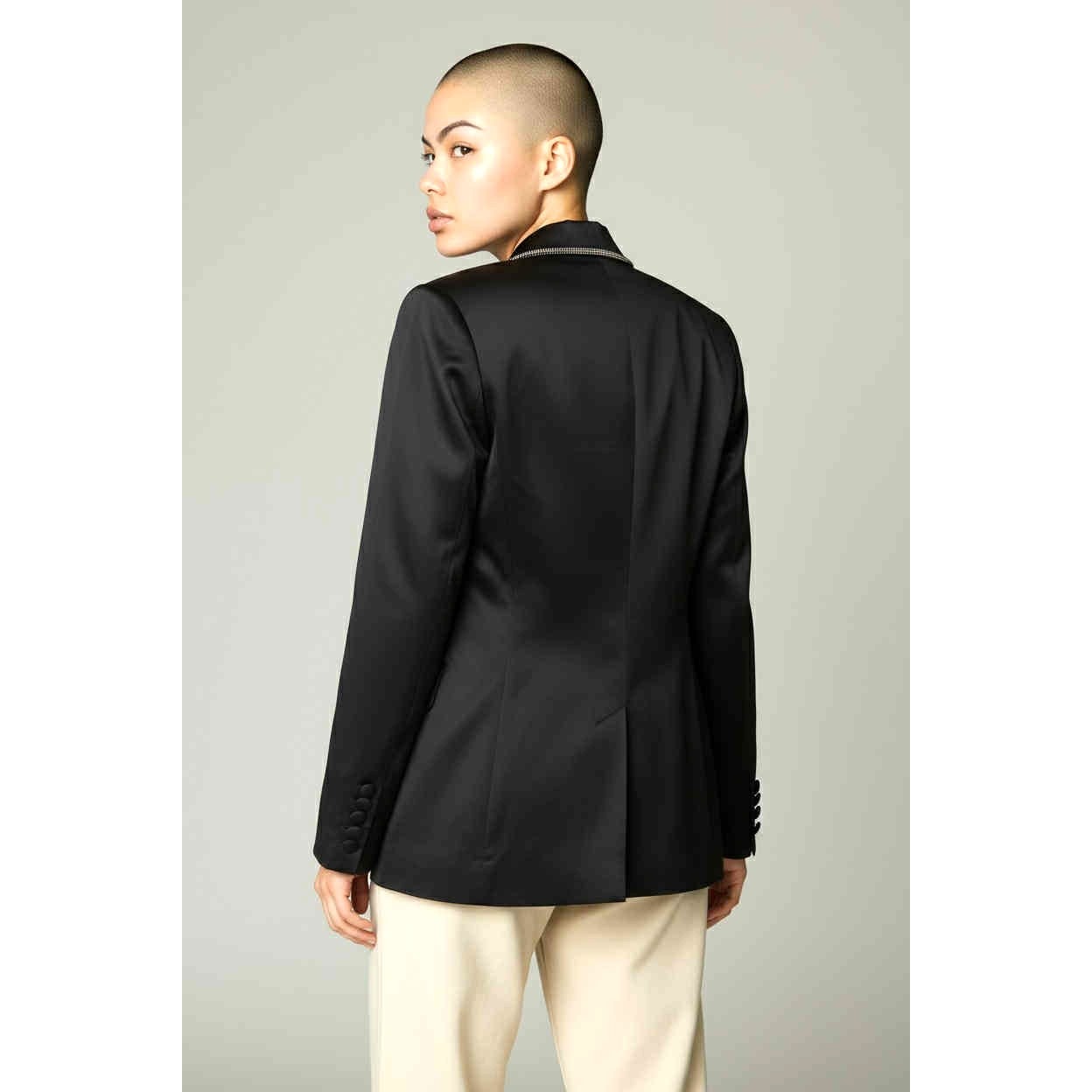 ONLY ONE!!! NWT $400 Jason Wu Satin Blazer Jacket Black Double Breasted Bling Trim ~ Size S