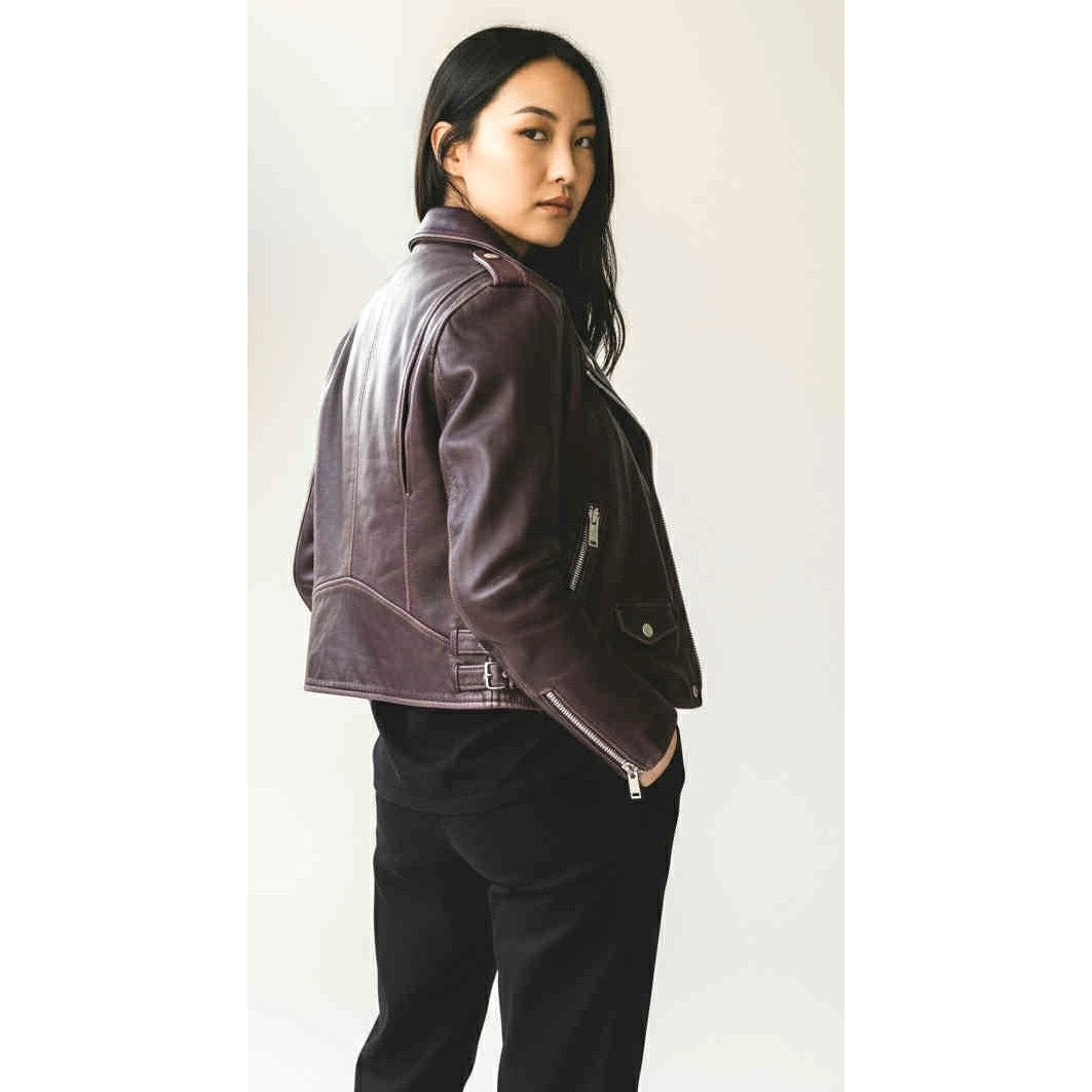 ONLY ONE!!! Amaryllis Distressed 100% Leather Moto Deep Jacket Purple Asymmetric Zip ~ Size S