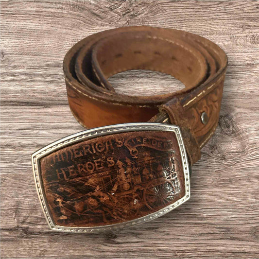 ONLY ONE!!! Vintage America’s Heroes Fire Dept Belt Buckle Tooled Leather Belt