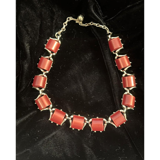 Vintage Coral Rust Resin Link Necklace with Silver-Tone Setting