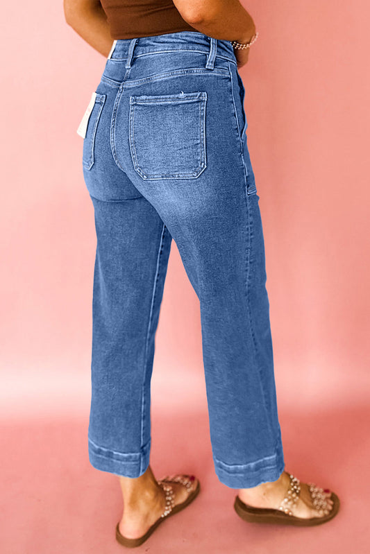 Sky Blue Cropped High-Rise Wide Leg Jeans – Vintage Inspired Stretch Denim