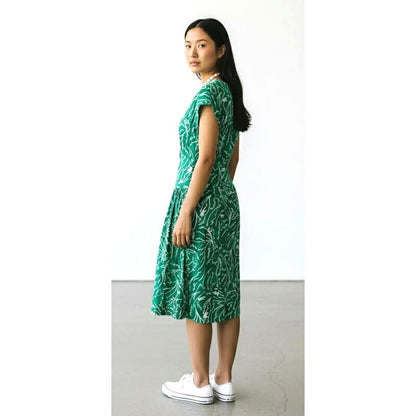 Vintage Neil Martin Green Abstract Print Fit & Flare Midi Dress | Size 12