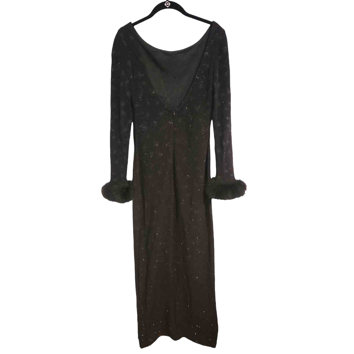ONLY ONE!!! Vintage Evenings By Allen B Long Black Stretch Sparkle Gown ~ Feather Sleeve Cuffs 4