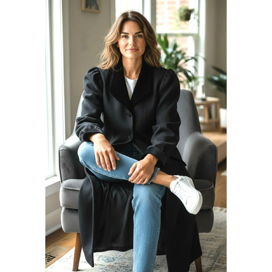 Vintage Laura Ashley Black Wool Velvet Trim Dress / Duster | UK Made