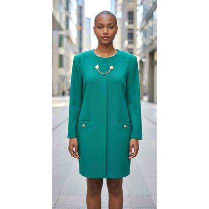 ONLY ONE!!! Vintage 1980s Depeche Mode Teal Sheath Dress ~ Gold Buttons Size 10