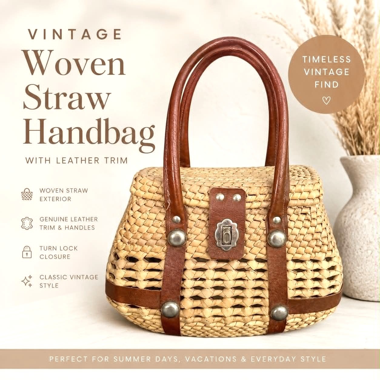 Vintage 70s Straw Satchel Bag with Leather Handles & Turn Lock Closure