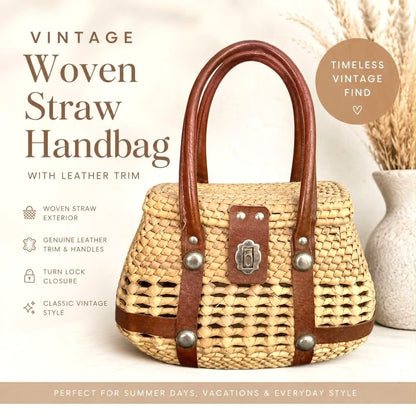 Vintage 70s Straw Satchel Bag with Leather Handles & Turn Lock Closure