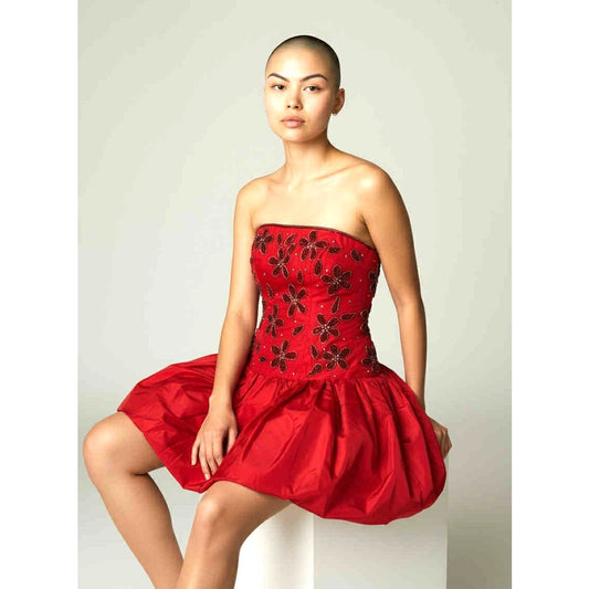 ONLY ONE!!! Vintage 1980s Red Beaded Strapless Party Dress – Bubble Hem Prom Mini Size XS/S