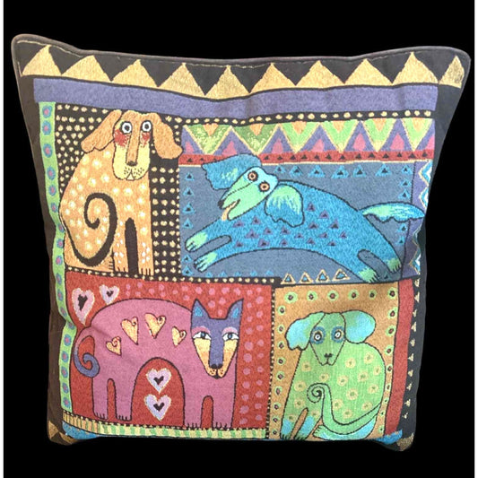 ONLY ONE!!! Vintage 1990s Laurel Burch Dog & Cat Colorful Pillow