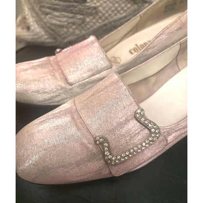 1960s Color Mate Pink & Silver Rhinestone Buckle Heels – Size 9 AA