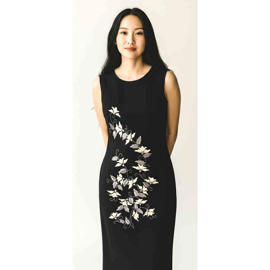 Vintage 1960s Black Gray Floral Hand Embroidered Maxi Dress Sleeveless Size 10