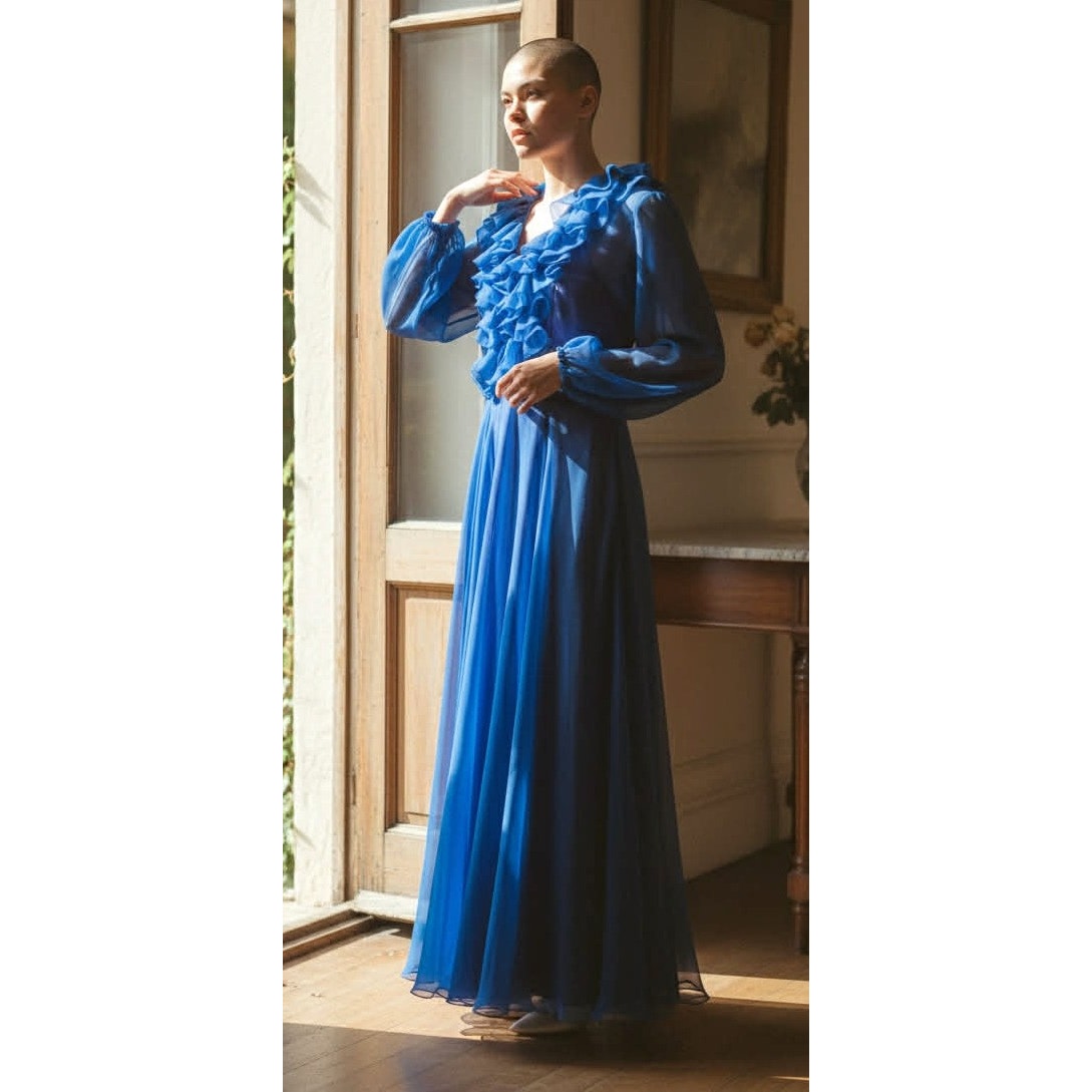Vintage Hovland Swanson Blue Chiffon Ruffle Maxi Dress ~ Size S