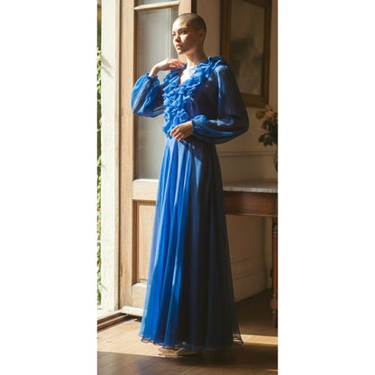 Vintage Hovland Swanson Blue Chiffon Ruffle Maxi Dress ~ Size S