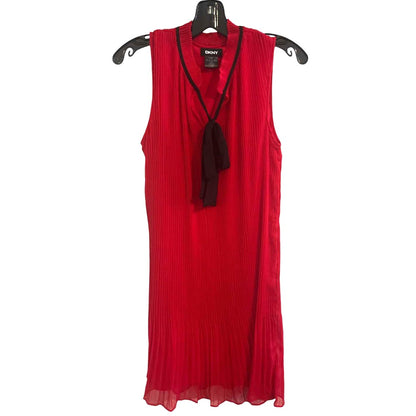 ONLY ONE!!! DKNY Red Pleated Chiffon Shift Dress with Black Bow Detail ~ Size 6