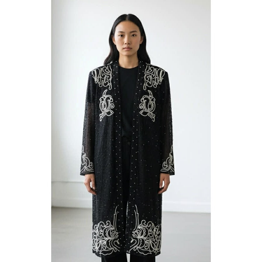 ONLY ONE!!! Vintage 1980s Black Silk & Pearl Beaded Evening Dress & Matching Jacket