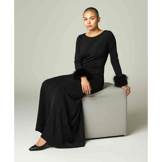 ONLY ONE!!! Vintage Evenings By Allen B Long Black Stretch Sparkle Gown ~ Feather Sleeve Cuffs 4