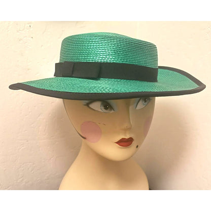 Vintage Green Boater Hat with Black Ribbon | M/L