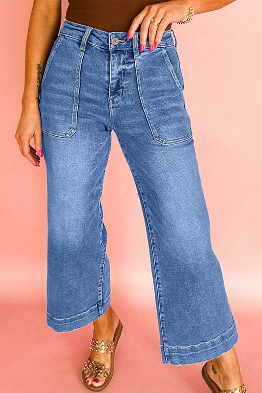 Sky Blue Cropped High-Rise Wide Leg Jeans – Vintage Inspired Stretch Denim