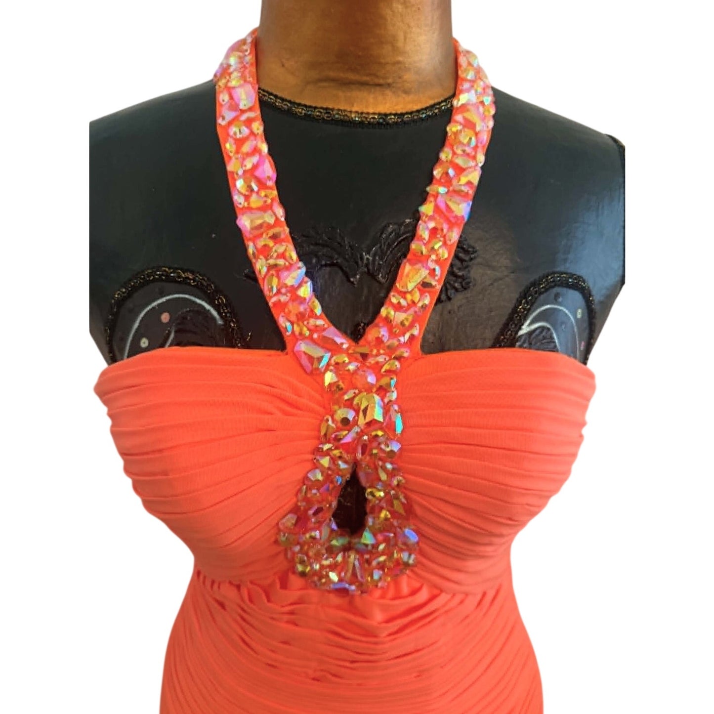 Jovani Neon Orange Ruched Bodycon Mini Dress | Beaded Halter Cocktail Dress