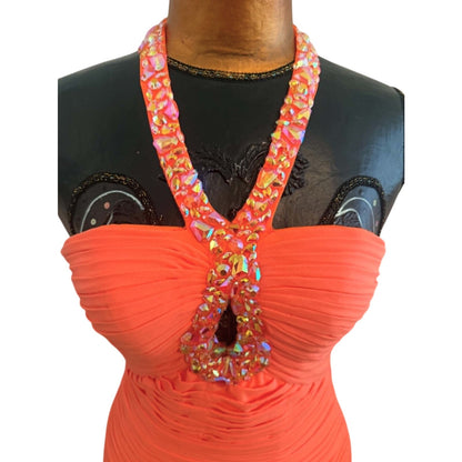 Jovani Neon Orange Ruched Bodycon Mini Dress | Beaded Halter Cocktail Dress