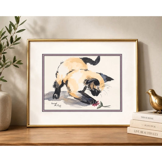 Vintage 1993 Signed & Framed Watercolor Siamese Cat Painting Sarah Phillips