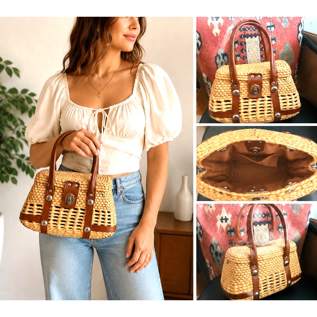 Vintage 70s Straw Satchel Bag with Leather Handles & Turn Lock Closure