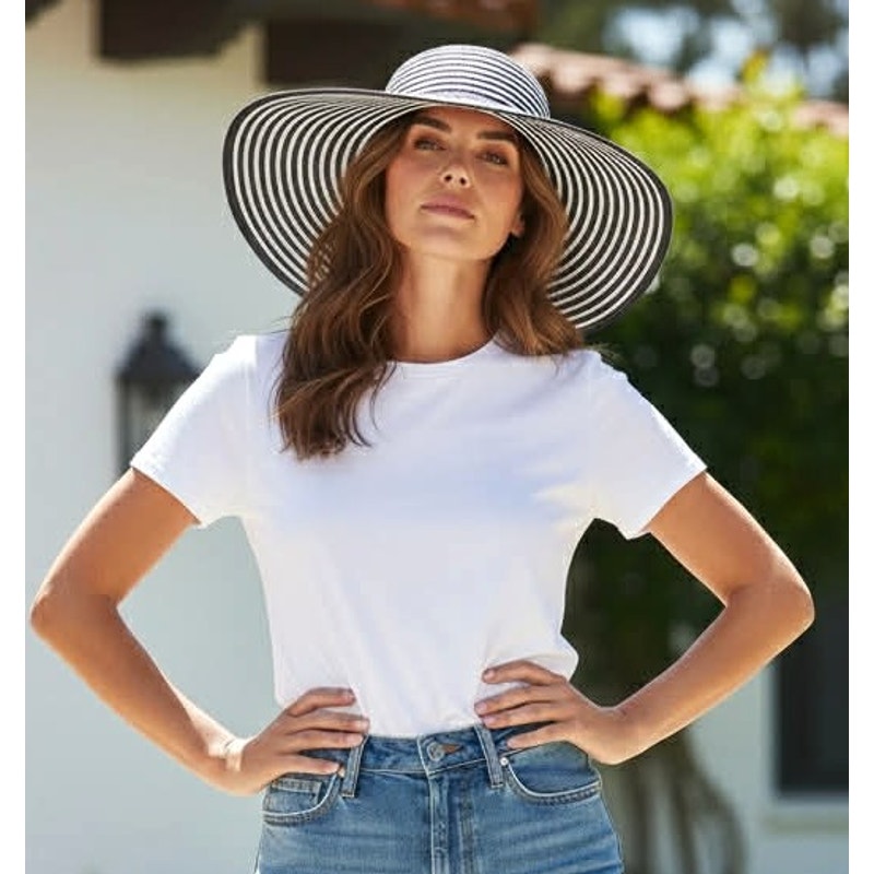 ONLY ONE!!! The Hats Company Filippo Catarzi Italy Black White Stripe Wide Brim Sun Hat EUC!