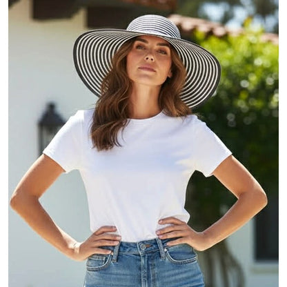 ONLY ONE!!! The Hats Company Filippo Catarzi Italy Black White Stripe Wide Brim Sun Hat EUC!