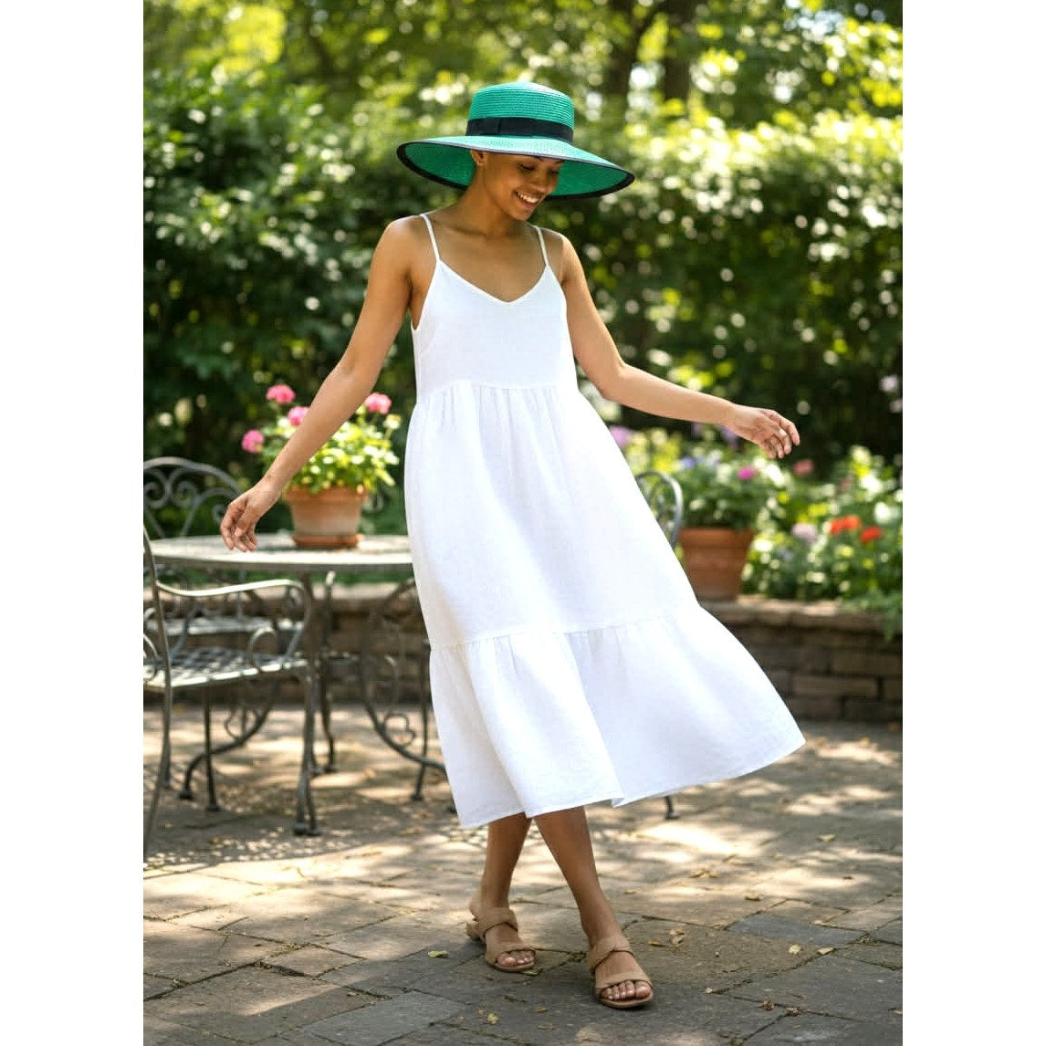 Vintage Green Boater Hat with Black Ribbon | M/L