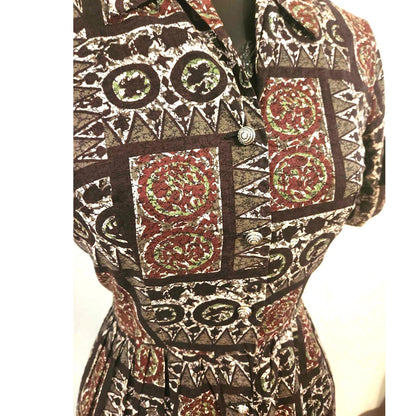 ONLY ONE!!! Vintage Carol Brent 1960s Cotton Tribal Print Day Dress ~ Size S